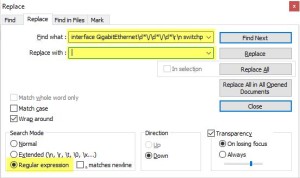 Notepad++ Regular Expression Search showing Regular Expression Radio Box Checked