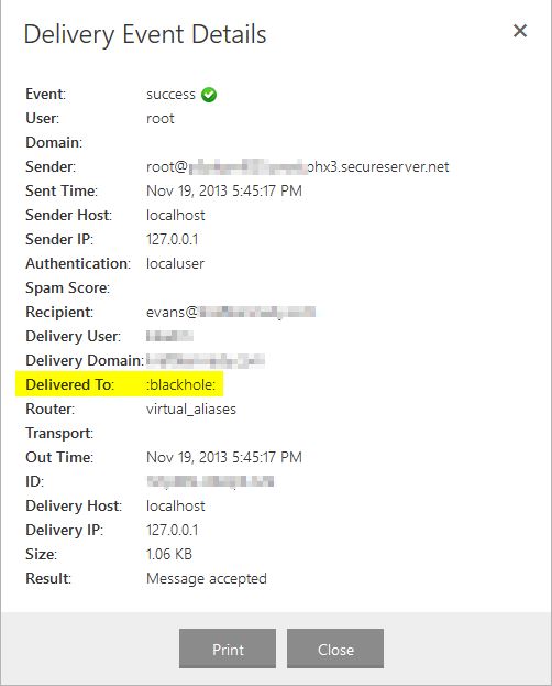 GoDaddy Delivery Event Details showing "Delivered To: :blackhole:"